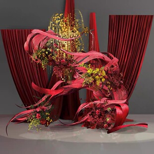 小众红色布幔竹编新中式婚礼效果图黄绿色花艺合影区迎宾区-305