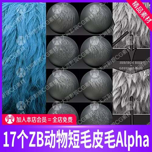 ZBrush动物短毛毛皮alpha笔刷zb动物皮毛发雕刻SP毛发皮毛贴图PSD