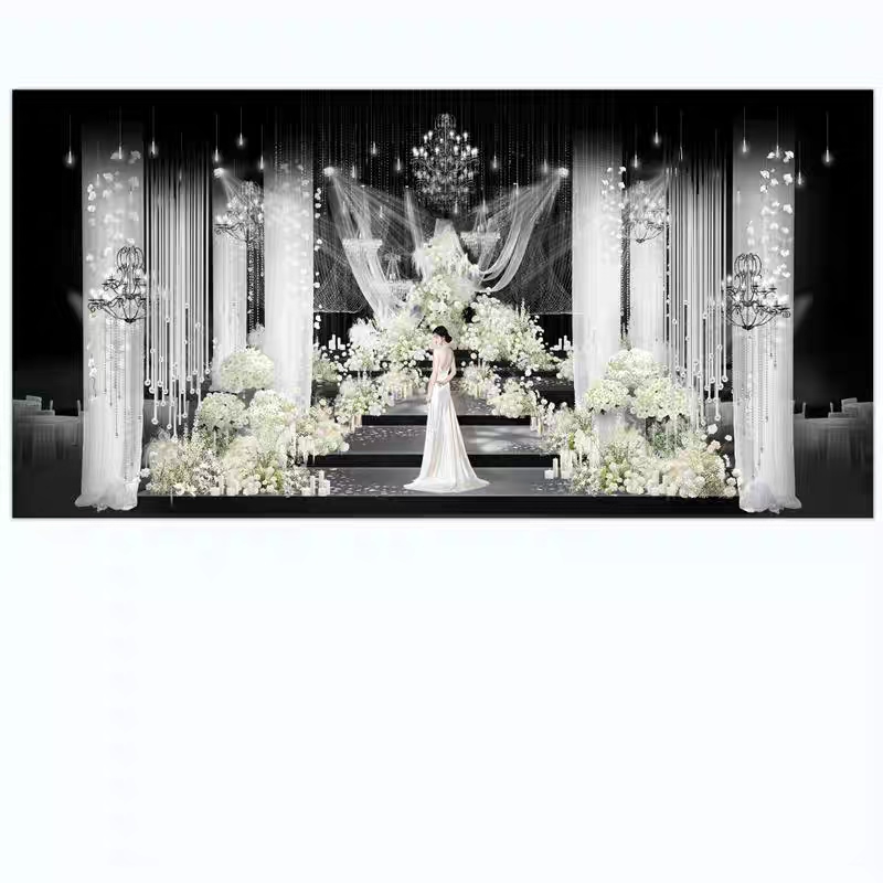 白绿色花艺韩式婚礼白色纱幔背景舞台仪式区效果图psd素材