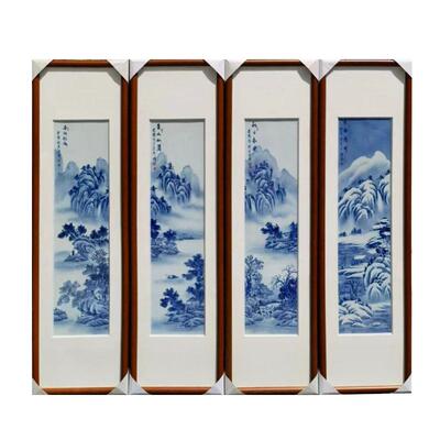 景德镇瓷板画手绘四条屏工笔国画山水客厅装饰画家居装饰山水画挂