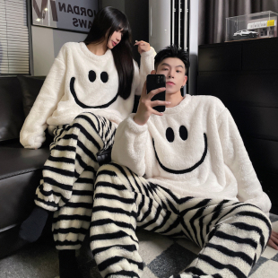 全棉纯棉珊瑚绒情侣睡衣女秋冬季款加绒加厚男士冬天可外穿日系家
