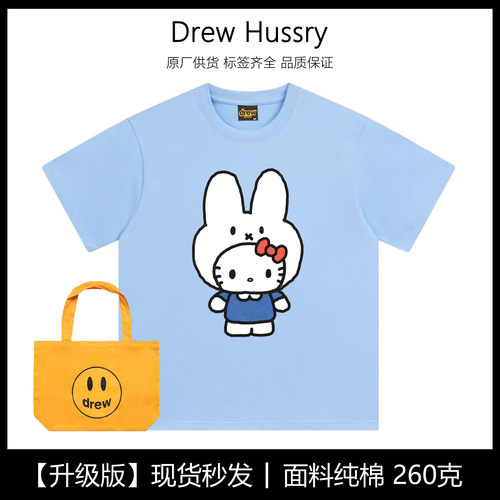 Drew日单可爱Kitty小兔子卡通印花短袖t恤圆领纯棉正肩休闲上衣