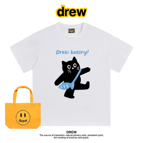 Drew美式潮牌猫咪印花正肩纯棉学院风短袖T恤男女情侣学生上衣ins
