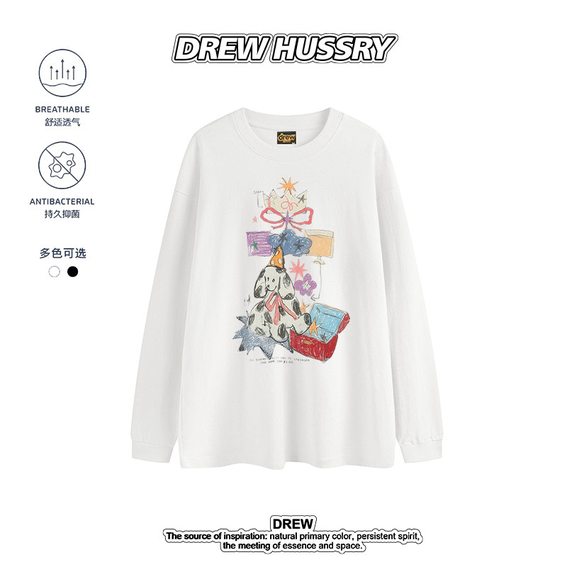 DREW HUSSRY手绘卡通印花长袖T恤男女休闲透气百搭纯棉上衣图片