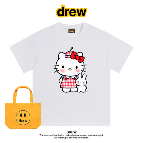 Drew美式潮牌KT猫猫兔子印花休闲圆领短袖T恤男女情侣上衣