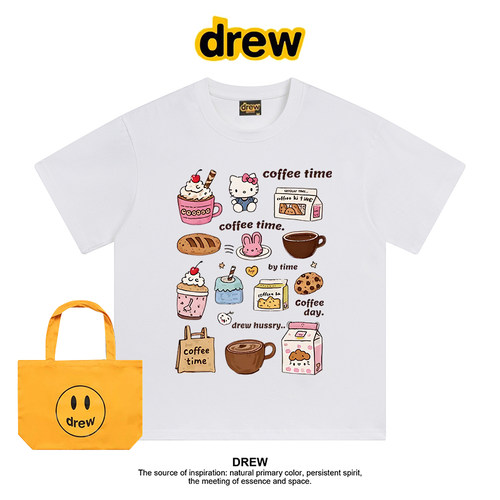 Drew美式潮牌咖啡时间KT猫纯棉短袖T恤夏季正肩休闲上衣ins
