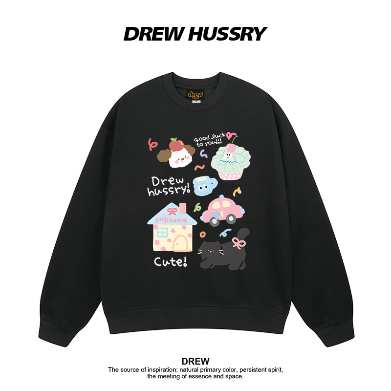 Drew美式潮牌卡通狗狗猫咪印花纯棉圆领卫衣情侣装宽松百搭上衣