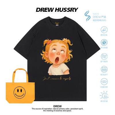 Drew美式爱谁谁女孩卡通印花短袖T恤男女纯棉宽松百搭情侣装半袖