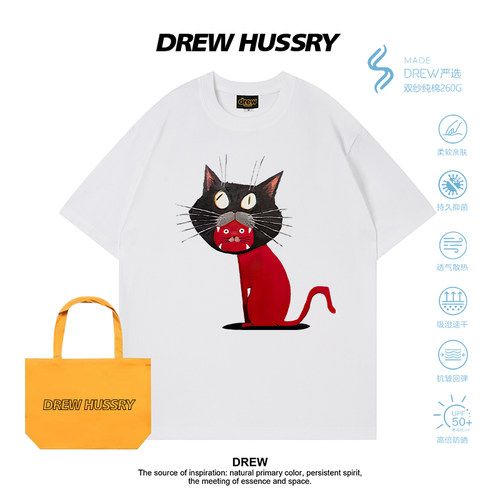 Drew美式卡通猫咪印花T恤男女通用短袖纯棉白色上衣夏季新款半袖