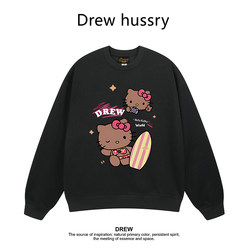 Drew美式潮牌HelloKitty卡通印花圆领卫衣男女情侣装宽松上衣INS