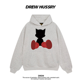 Drew美式 潮牌卡通趣味印花连帽卫衣男女秋冬加绒加厚情侣装 上衣