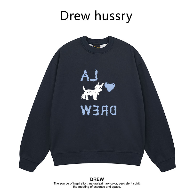 Drew美式潮牌卡通小狗印花圆领卫衣秋冬加绒加厚宽松情侣装上衣图片