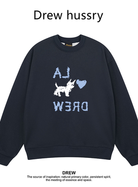 Drew美式潮牌卡通小狗印花圆领卫衣秋冬加绒加厚宽松情侣装上衣