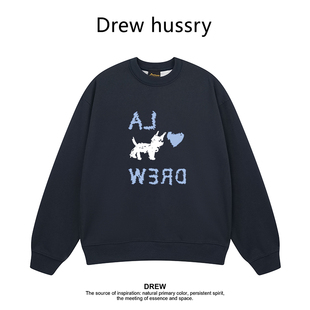 Drew美式 上衣 潮牌卡通小狗印花圆领卫衣秋冬加绒加厚宽松情侣装