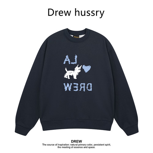 Drew美式潮牌卡通小狗印花圆领卫衣秋冬加绒加厚宽松情侣装上衣