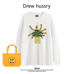 正肩長袖 Drew美式 潮牌宋佳明星同款 高級感插畫打底衫 T恤男女上衣