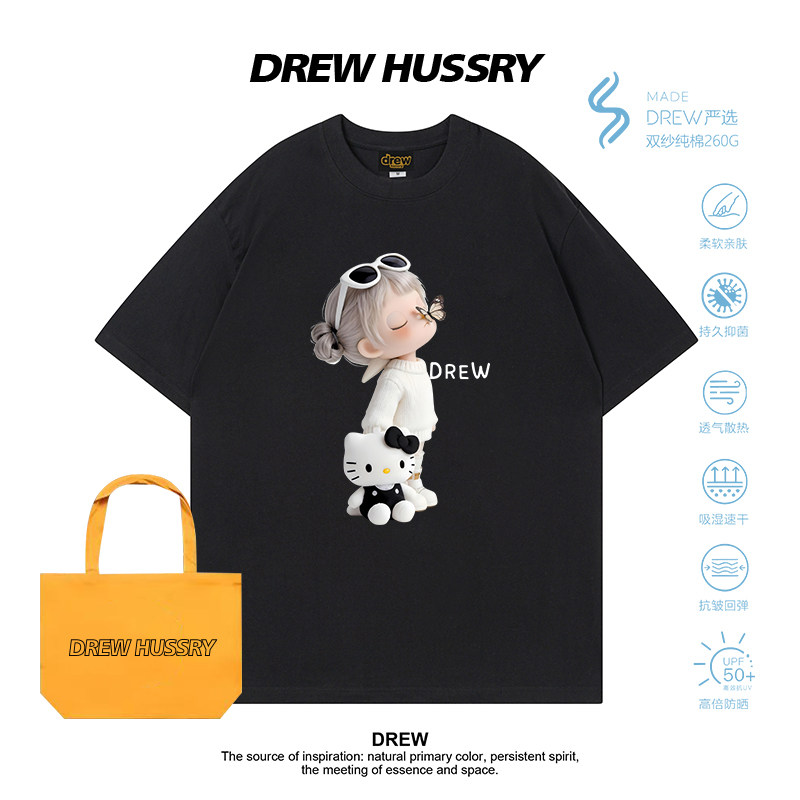 Drew美式潮牌卡通女孩Kitty印花短袖T恤男女纯棉宽松情侣上衣半袖图片