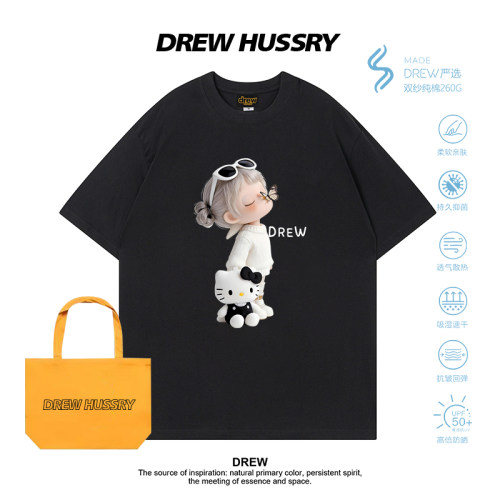 Drew美式潮牌卡通女孩Kitty印花短袖T恤男女纯棉宽松情侣上衣半袖