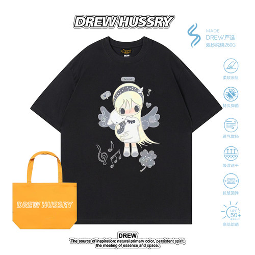 DREW HUSSRY卡通天使女孩印花短袖T恤男女同款宽松纯棉上衣半袖