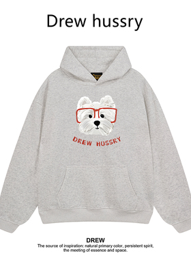 Drew美式潮牌眼镜狗印花连帽卫衣秋冬加绒加厚宽松休闲情侣装上衣