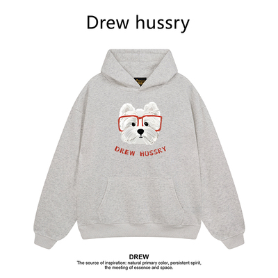 Drew美式潮牌眼镜狗印花连帽卫衣秋冬加绒加厚宽松休闲情侣装上衣