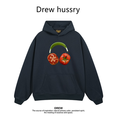 Drew美式潮牌卡通番茄耳机印花连帽卫衣春秋宽松休闲百搭情侣装