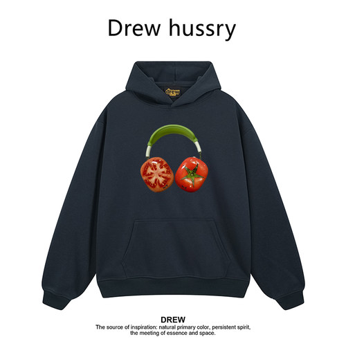 Drew美式潮牌卡通番茄耳机印花连帽卫衣春秋宽松休闲百搭情侣装