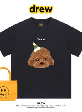 Drew笑脸泰迪狗狗可爱短袖印花休闲百搭宽松情侣款夏季纯棉T恤ins