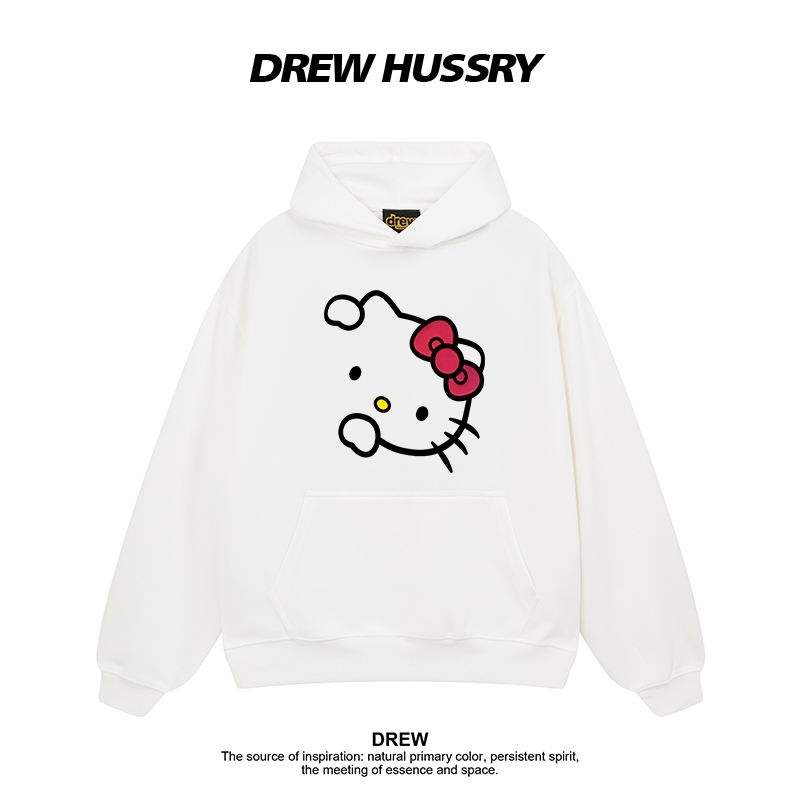 Drew美式潮牌HelloKitty印花连帽卫衣男女情侣装卡通可爱风帽衫