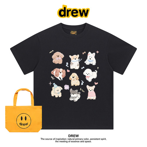 Drew美式潮牌卡通可爱猫咪小狗宽松圆领纯棉学院风短袖T恤上衣ins