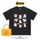 Drew美式 潮牌卡通可爱猫咪小狗宽松圆领纯棉学院风短袖 T恤上衣ins