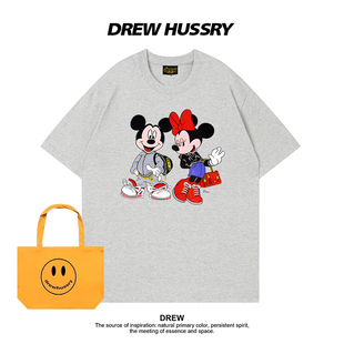 半袖 T恤男女宽松纯棉上衣情侣装 ins 潮牌米奇卡通印花短袖 Drew美式