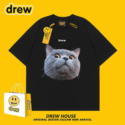 Drew笑脸英短猫可爱猫咪t恤情侣款百搭休闲宽松圆领纯棉短袖ins