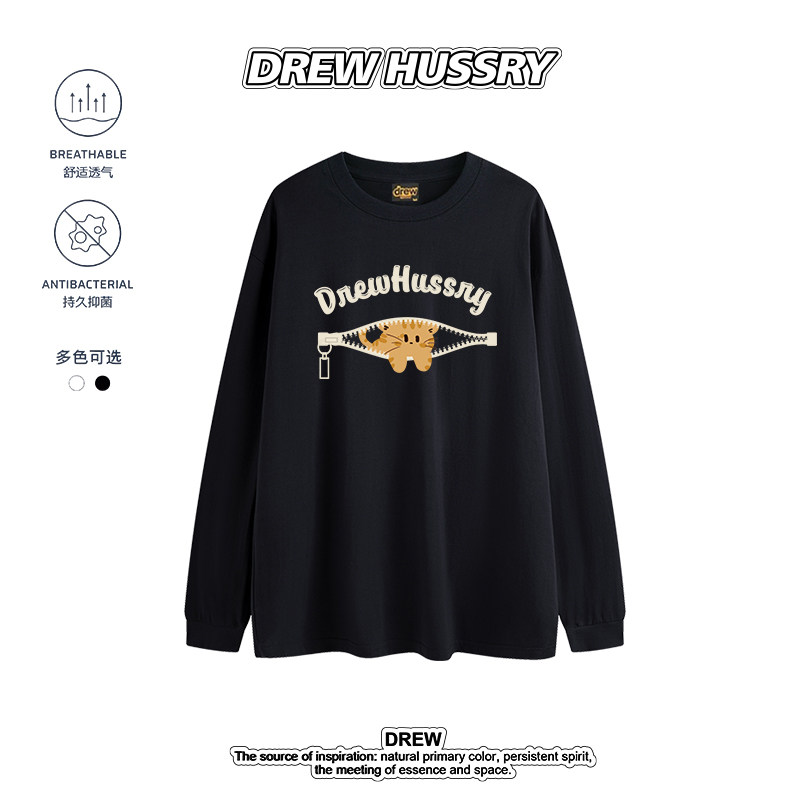 DREW HUSSRY小众设计感卡通印花长袖T恤宽松圆领纯棉小猫图案上衣图片
