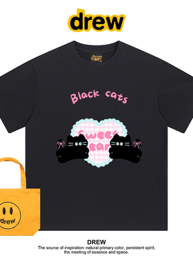 Drew美式潮牌卡通黑色猫咪正肩纯棉百搭休闲宽松短袖T恤情侣上衣