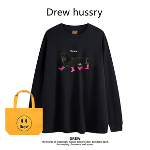 Drew美式潮牌赵露思同款腊肠狗印花打底衫纯棉长袖t恤夏季情侣装