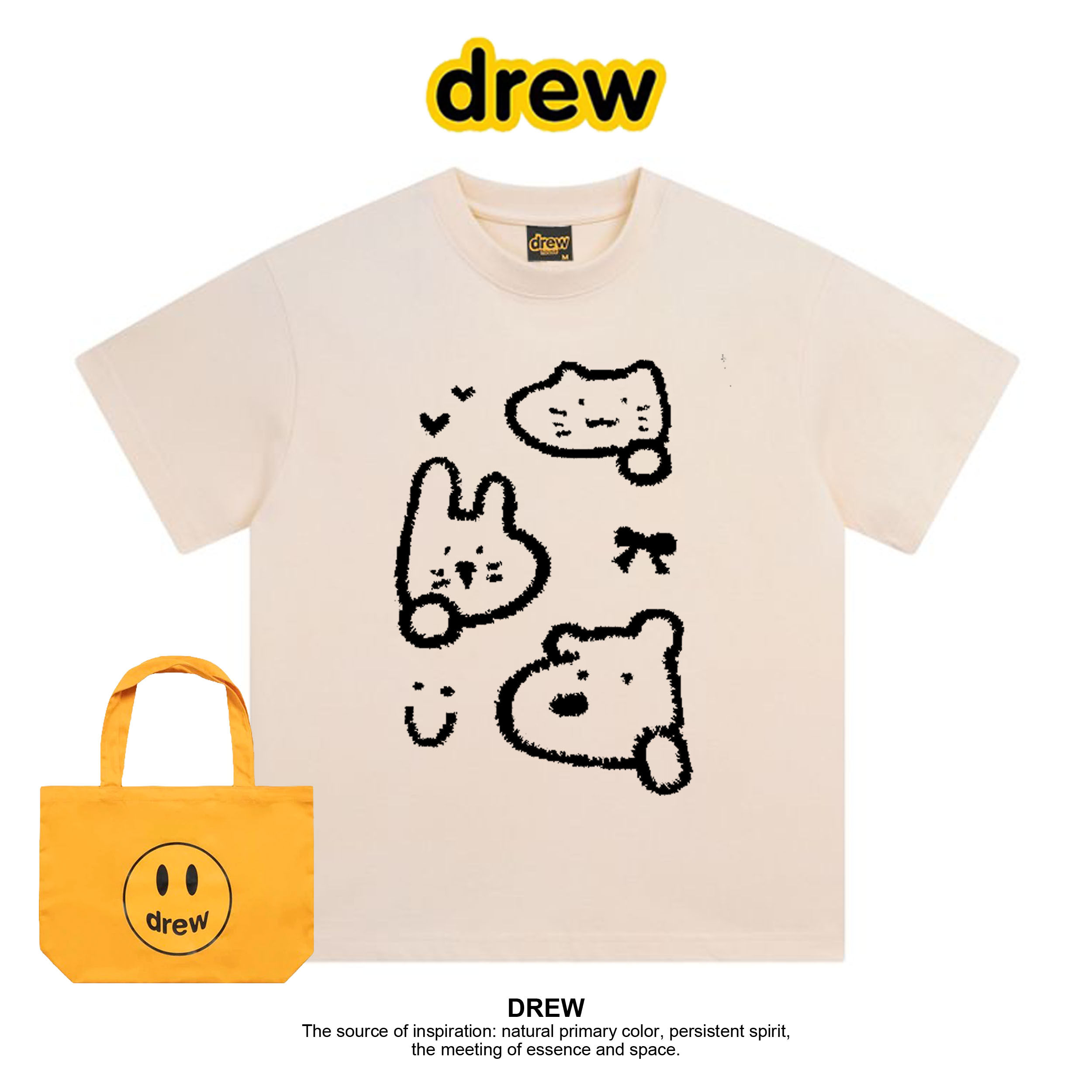 Drew笑脸线条兔子印花短袖t恤夏季新款纯棉上衣情侣装ins宽松百搭