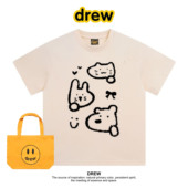 Drew笑脸线条兔子印花短袖 ins宽松百搭 纯棉上衣情侣装 t恤夏季 新款