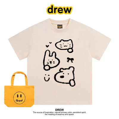 Drew笑脸线条兔子印花短袖t恤夏季新款纯棉上衣情侣装ins宽松百搭