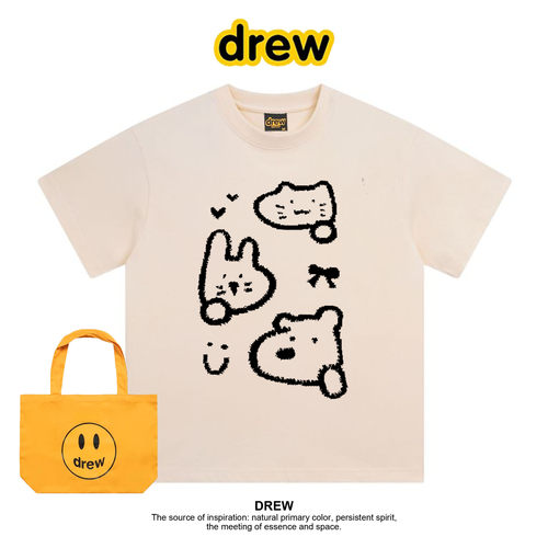 Drew笑脸线条兔子印花短袖t恤夏季新款纯棉上衣情侣装ins宽松百搭