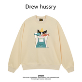 Drew美式 潮牌卡通猫咪印花休闲百搭圆领卫衣春秋长袖 T恤情侣上衣