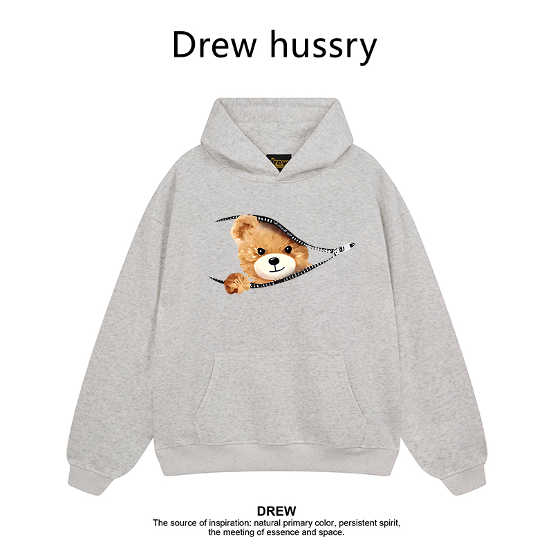 Drew美式潮牌拉链小熊印花连帽卫衣男女秋冬加绒加厚情侣装上衣