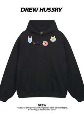 Drew美式潮牌卡通狗狗项链印花连帽卫衣男女情侣装黑色宽松上衣