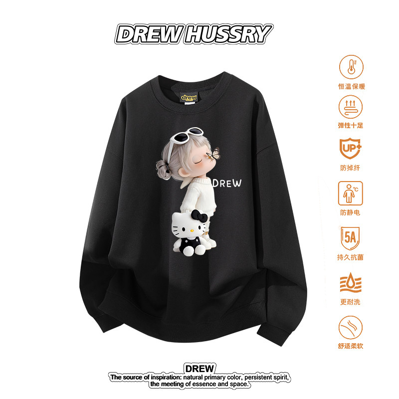 Drew美式潮牌卡通氛围嘎子姐印花圆领卫衣男女宽松保暖情侣上衣图片