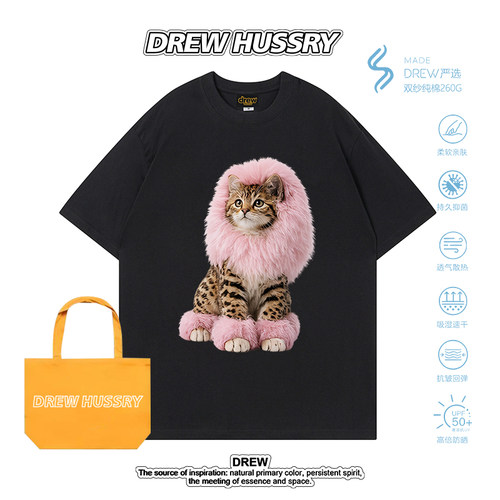 Drew美式潮牌猫咪卡通印花短袖T恤男女纯棉宽松潮酷上衣情侣装ins