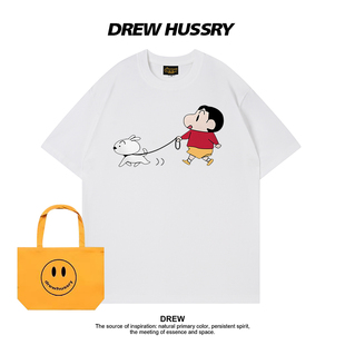 欧美限定Drew美式 T恤男女宽松纯棉上衣 潮牌蜡笔小新卡通印花短袖