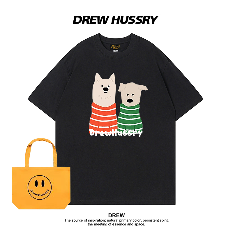 Drew美式潮牌卡通狗狗印花短袖T恤260G夏季男女情侣纯棉打底衫ins