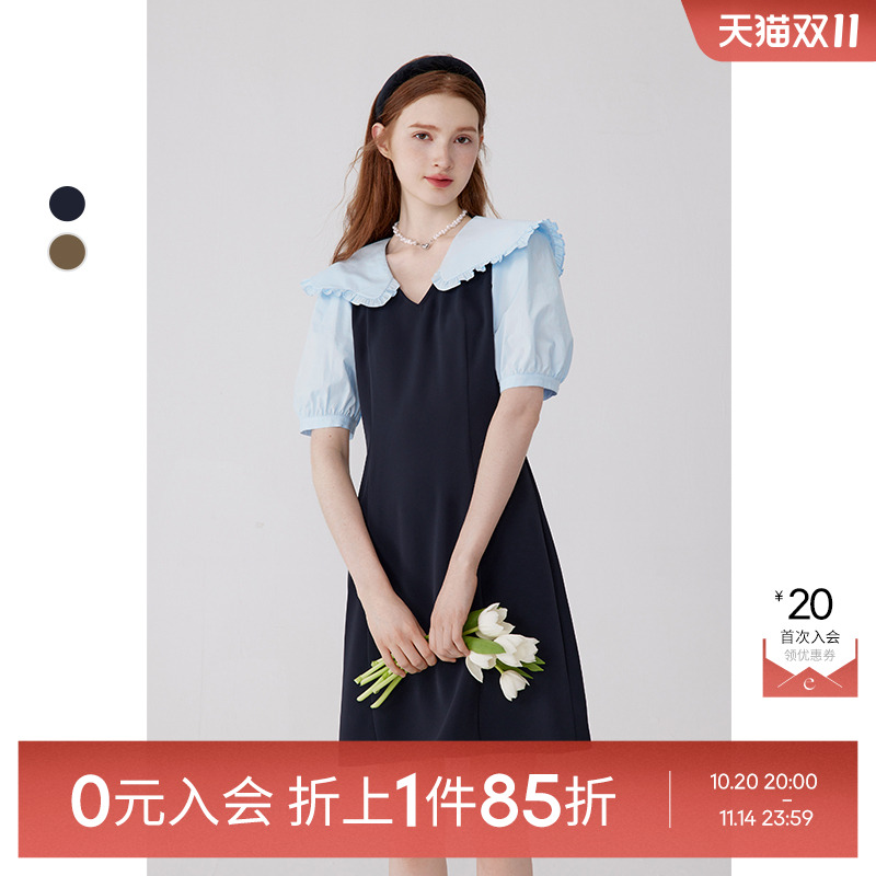 诗凡黎假两件撞色娃娃领连衣裙法式长裙春夏女伊芙丽outlets店