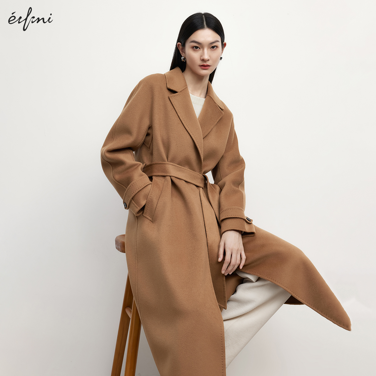 伊芙丽高比例羊绒经典浴袍式长款黑色双面羊毛大衣外套女2024冬季