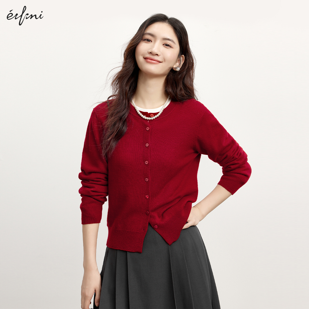 伊芙丽outlets店V领全成型纯羊毛长袖针织开衫24春秋女装薄款开衫